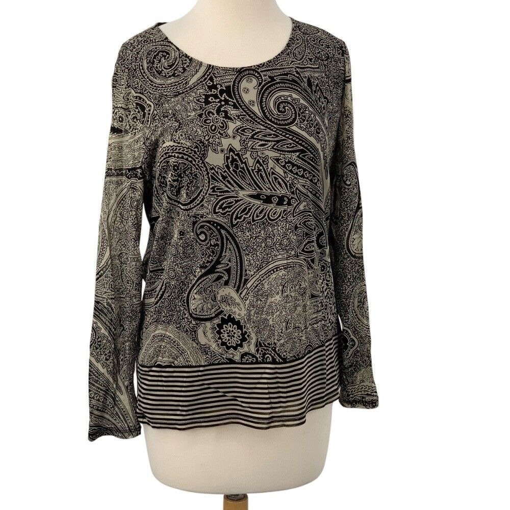 Chico's Women's Long Sleeve Paisley/Stripe Lined Top Blouse Beige/Black Size 1/M